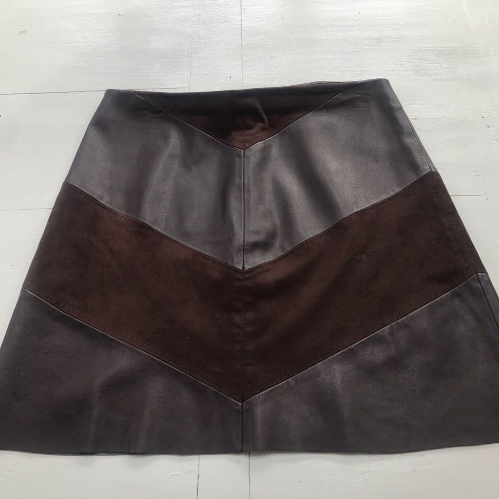 Zara Basic chevron chocolate brown leather and suede skirt